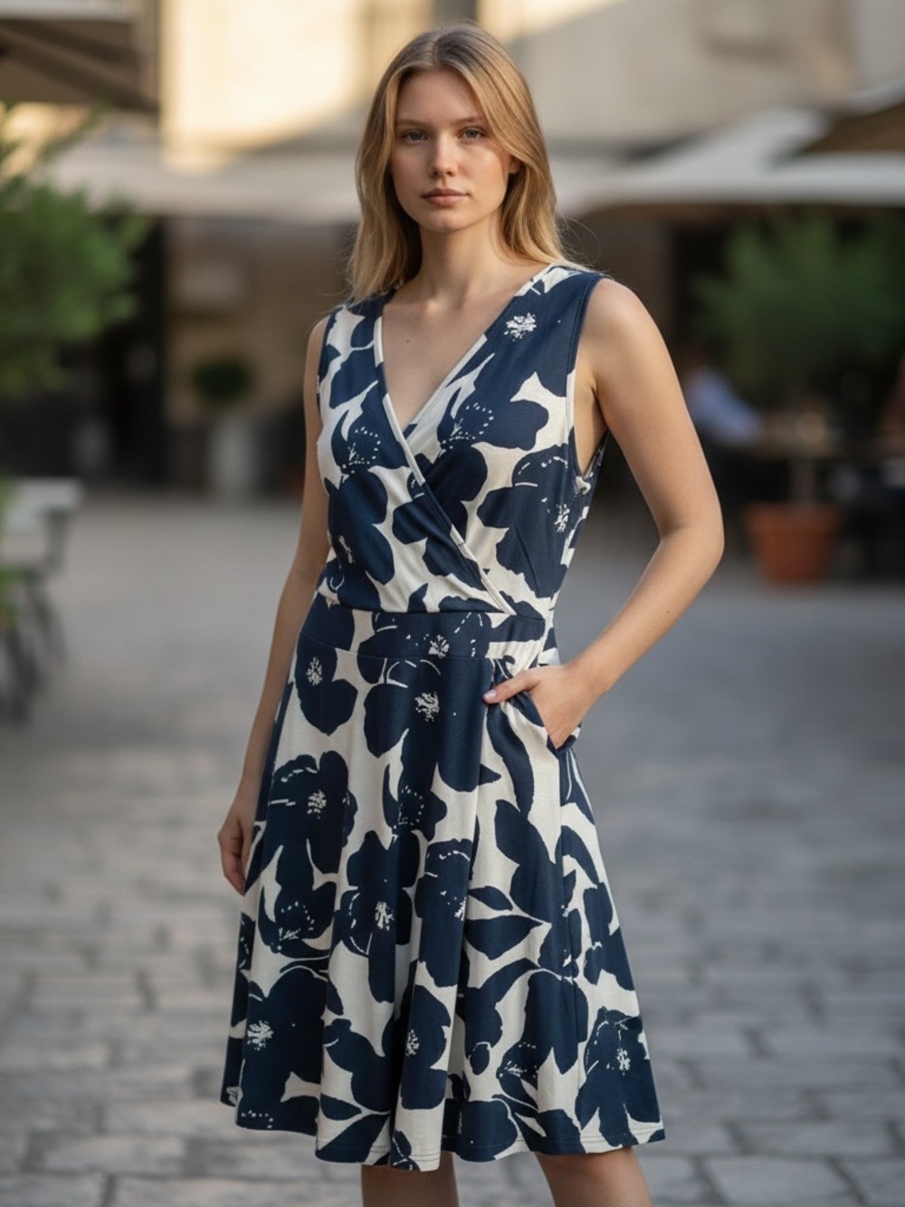GUBERRY Navy Floral Wrap-Style Sleeveless Dress, NWOT side pockets,    V-neck XL